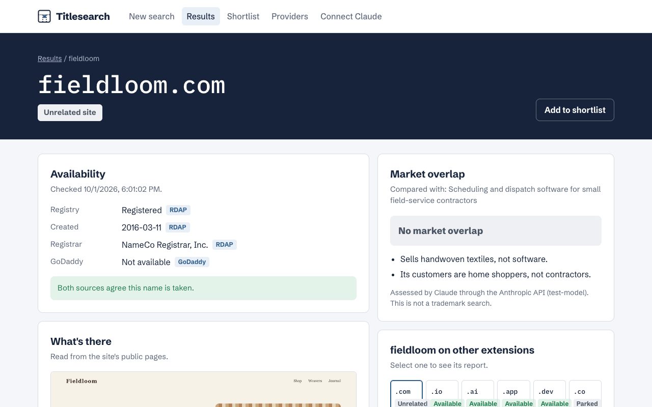 A domain report for a taken name: availability with sources, the site's preview and details, and the market-overlap verdict. Sample data.